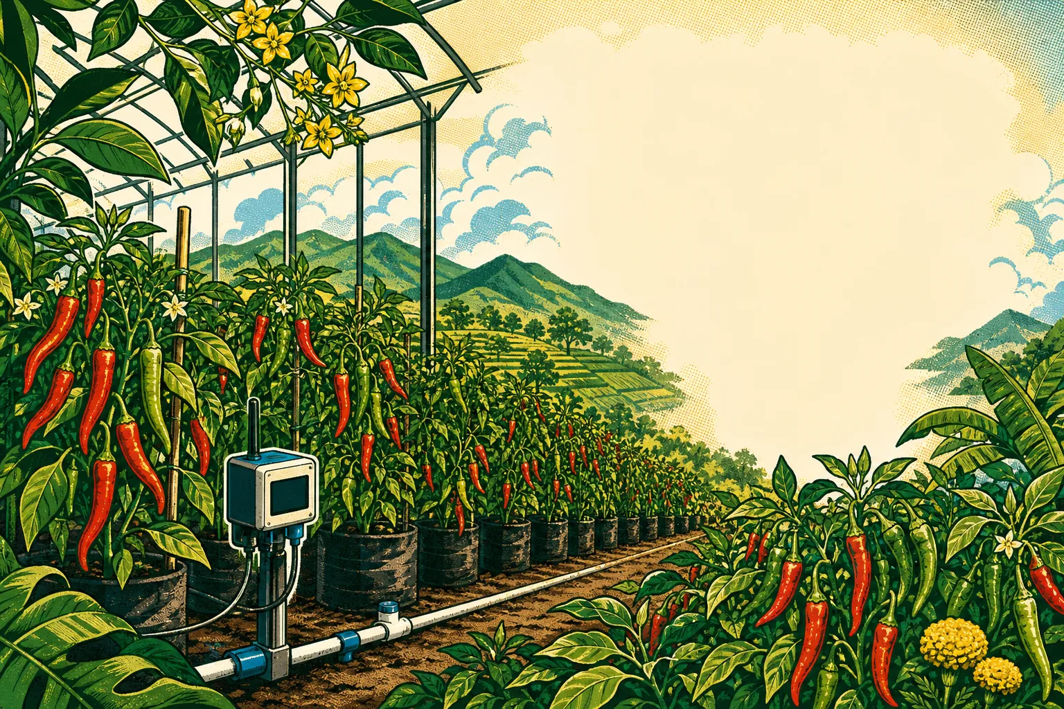 Lingkungan kebun cabai pintar dengan irigasi dan perangkat IoT